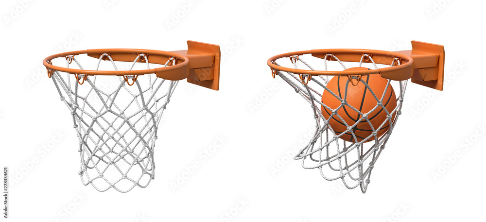 Aufkleber 3d rendering of two basketball nets with orange hoops, one empty and one with a ball falling inside.