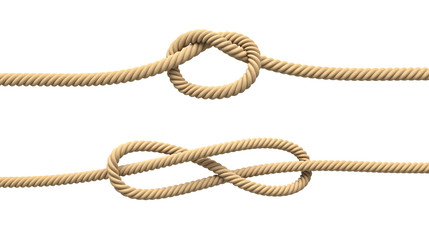 3d rendering of two isolated lines of natural rope with loose knots in their centers. © gearstd