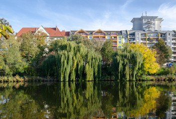 Fototapeta na wymiar buildings and trees at river