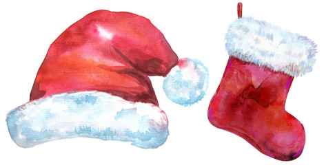 Christmas Santa red hat and sock for gift, watercolor illustration