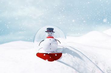 Snowman in snow globe in winter landscape for christmas,3d illustration
