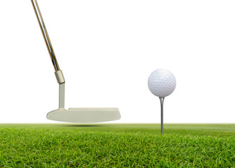 Golf ball and Putter on green grass isolated on white background