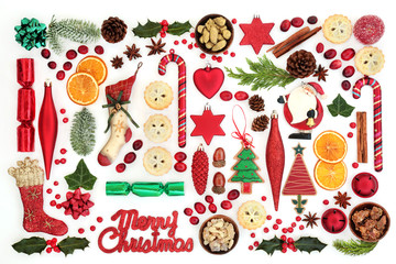Merry Christmas sign with retro and new tree decorations, food, winter flora, seasonal symbols and...