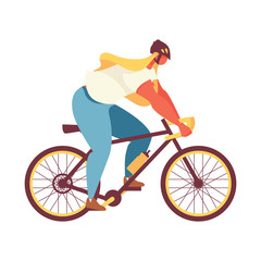 Flat bright young woman riding a bycicle isolated on white. Vector concept illustration with oversized girl character