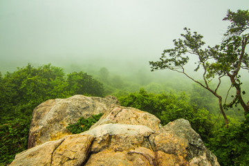 Khao PraYa DernThong Mountain.Lopburi Thailand.Rock on The Mountain in the cloud and fog