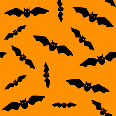 Halloween symbol. Seamless pattern of flying bats. Black bats on orange background. Silhouette. Cartoon. Vector illustration.