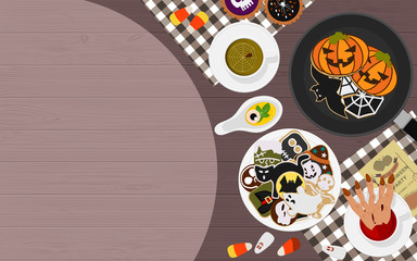Pancakes, cookies and horror food recipe decoration on wooden rustic table, top view, flat lay with spot light space for text. Halloween greeting card vector illustration.