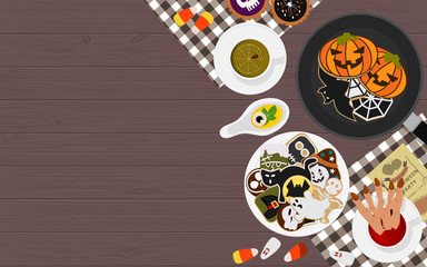 Cookies and recipe decoration on wooden rustic table, top view, flat lay with space for text. Halloween greeting card vector illustration.