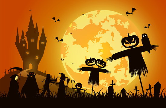 illustration sunset background,festival halloween concept,full moon on dark night with many ghost,scarecrow and devil walking to castle for celebration halloween day