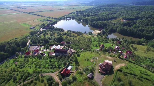 Aerial view. Small lakes in the Carpathian mountains. Fairy tale nature from the altitude