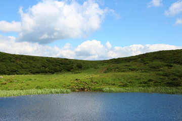 landscape with lake and blue sky