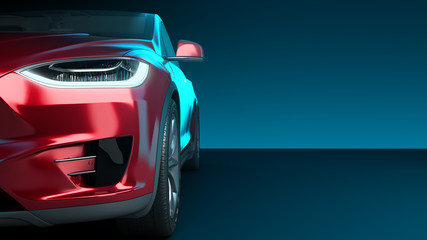 front of the red car front view 3d render in darck blue