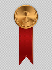 Champion medails with red ribbon. Banner. Winner award competition, prize medal and banner for text. Award medals isolated on transparent background. Vector illustration of winner concept.