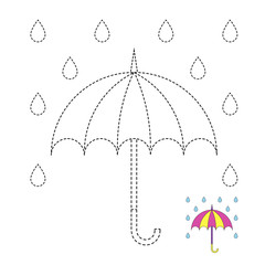 drawing worksheet for preschool kids with easy gaming level of difficulty. Simple educational game for kids. Illustration of umbrella and raindrops for toddlers