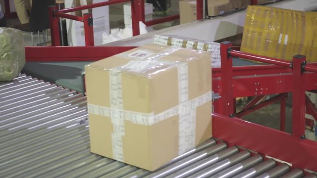Boxes and Packages at Conveyor Belt in Distribution Warehouse