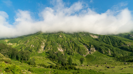 Gorgit highland with old houses and green valley in Blacksea region, Artvin, Turkey