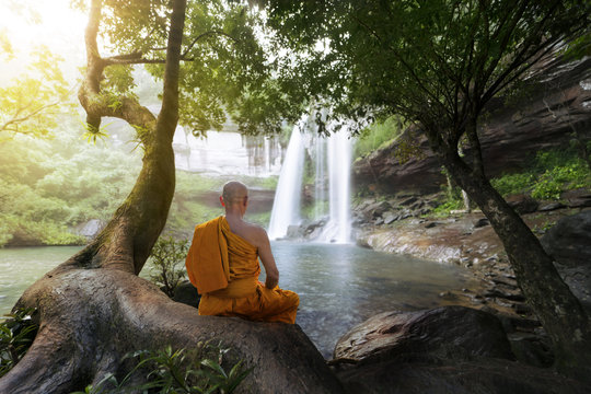 Monk practice meditation at beautiful waterfall