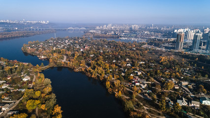 Aerial view of city landscape of Osokorki and Poznyaki. Darnitskiy district, Kiev Ukraine.