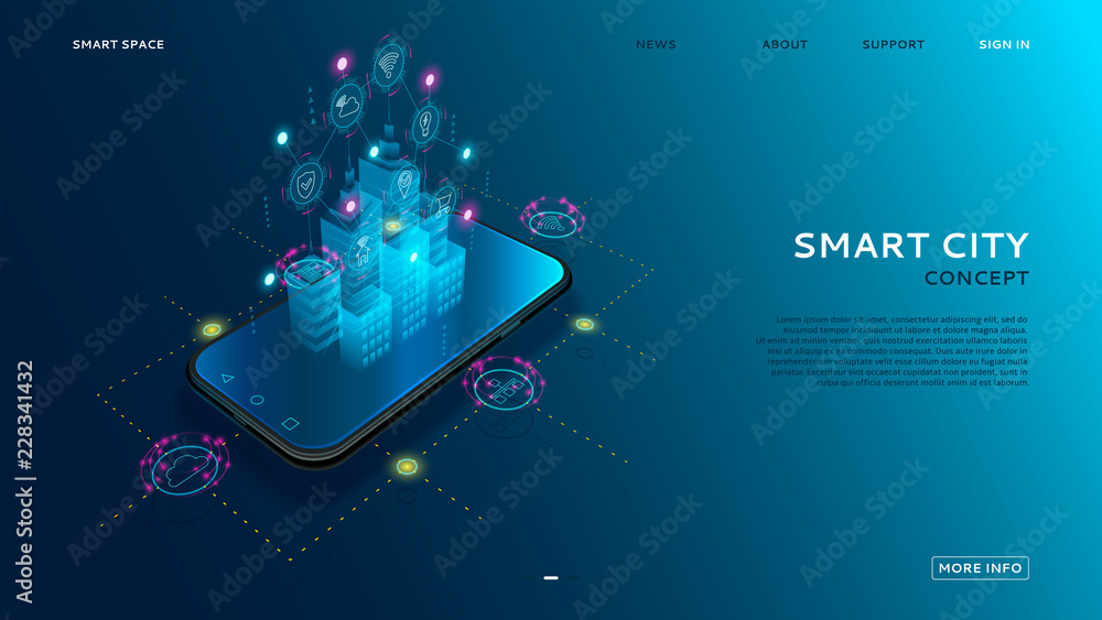 Poster concept of smart city with iot. digital hologram of smart city on the screen of smartphone with inte