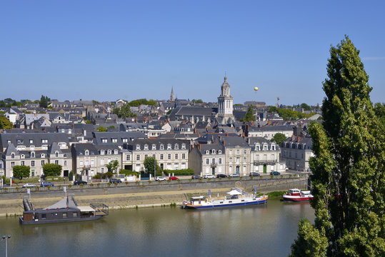Aerial view of the city Angers with the Maine river and the La Trinité church in the Maine-et-Loire department, Pays de la Loire region, in western France about 300 km (190 mi) south-west of Paris