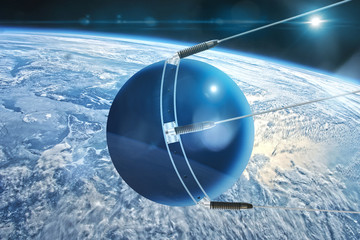 sputnik approaches the earth - obrazy, fototapety, plakaty