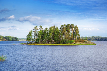 View of Small Island in Monrepos Park in city Vyborg, Vyborg Bay, Leningrad Region, Russia. August 2018. Beautiful landscape in park.