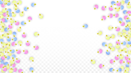 Vector Realistic Colorful Petals Falling on Transparent Background.  Spring Romantic Flowers Illustration. Flying Petals. Sakura Spa Design. Blossom Confetti. Design Elements for Wedding Decoration.