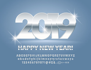 Fototapeta na wymiar Vector luxury Happy New Year 2019 Greeting Card. Artistic set of Silver Alphabet letters, Symbols and Numbers. Chic Unique Font.