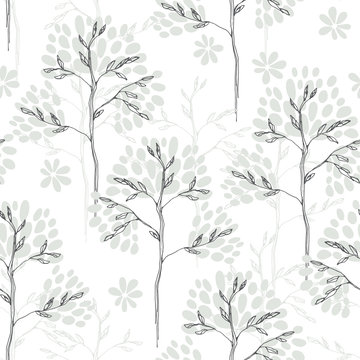 Floral seamless pattern with trees on a white background.  Monochrome vector illustration. Sketch.