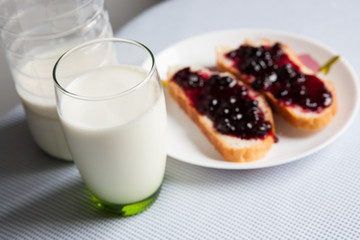 Milk in glass and bottle and bread with jam