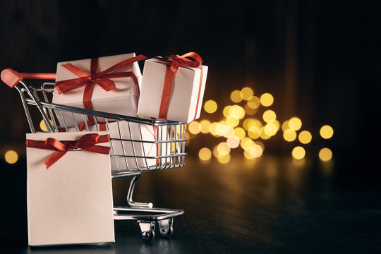 Gift Boxes On Shopping Trolley.