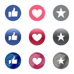 Thumbs up, heart and star icon on a white background in different variations. Vector illustration.