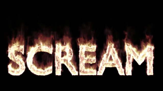 Animated burning or engulf in flames all caps text scream. Fire has transparency and isolated and easy to loop. Black background, mask included.
