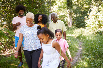 Fototapeta premium Black girl walks with grandma and family in forest, close up