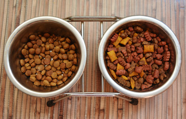 dry food for domestic cats and dogs in an iron bowl