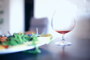 empty wine glasses restaurant interior serving / beautifully served glass wine glasses