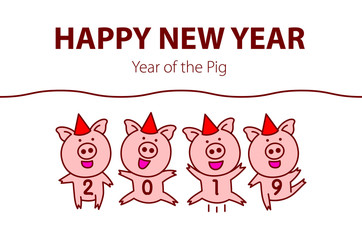 Cute funny pig. Happy New Year. Chinese symbol of the 2019 year. vector black line drawing four pigs dancing celebrating red art