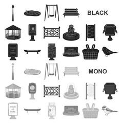 Park, equipment black icons in set collection for design. Walking and rest vector symbol stock web illustration.