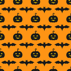 Halloween pumpkins and bats seamless pattern