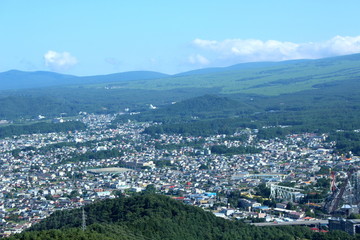 Yamanashi Prefecture, Japan - July 10, 2017: View of Fujiyoshida town looking from Chureito Pagoda.