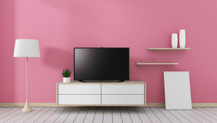 Smart Tv with blank black screen hanging on the cabinet, modern pink living room. 3d rendering