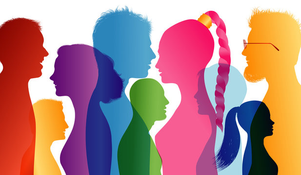 Young people smiling. Students smiling. Young people who are well together. Profiles of young colored silhouettes. Vector Multiple exposure