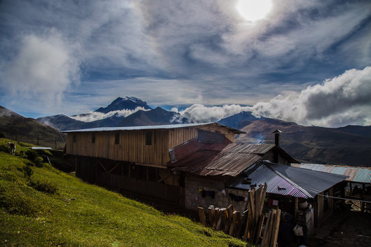Farmer Hut In The Mountain Of Columbia South America. In The Background the Mountain Nevado del Tolima