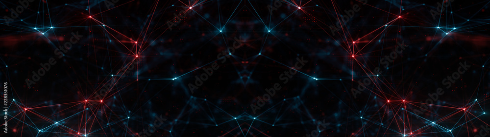 Poster abstract ultra wide plexus structure of many glowing lines and particles. orange blurred background 