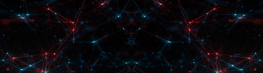 Fototapeta premium Abstract ultra wide plexus structure of many glowing lines and particles. Orange blurred background with digital composition and optical flares. 3d rendering