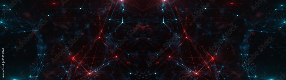 Poster abstract ultra wide plexus structure of many glowing lines and particles. orange blurred background 