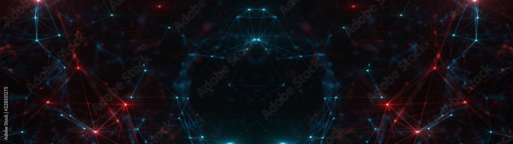 Poster abstract ultra wide plexus structure of many glowing lines and particles. orange blurred background 