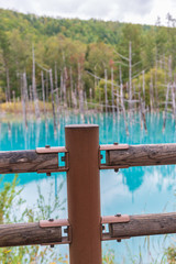 wood fence with background blue pond in Biei, Hokkaido Japan