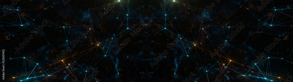Poster abstract ultra wide plexus structure of many glowing lines and particles. orange blurred background 
