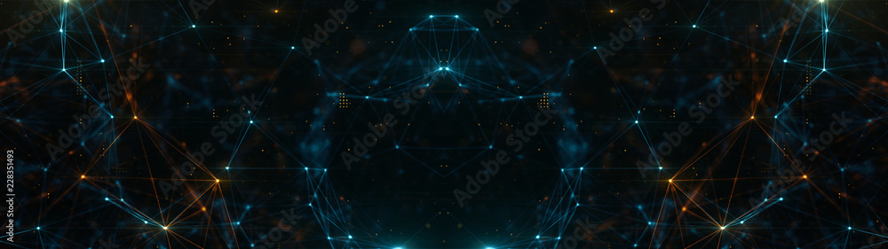 Poster abstract ultra wide plexus structure of many glowing lines and particles. orange blurred background 